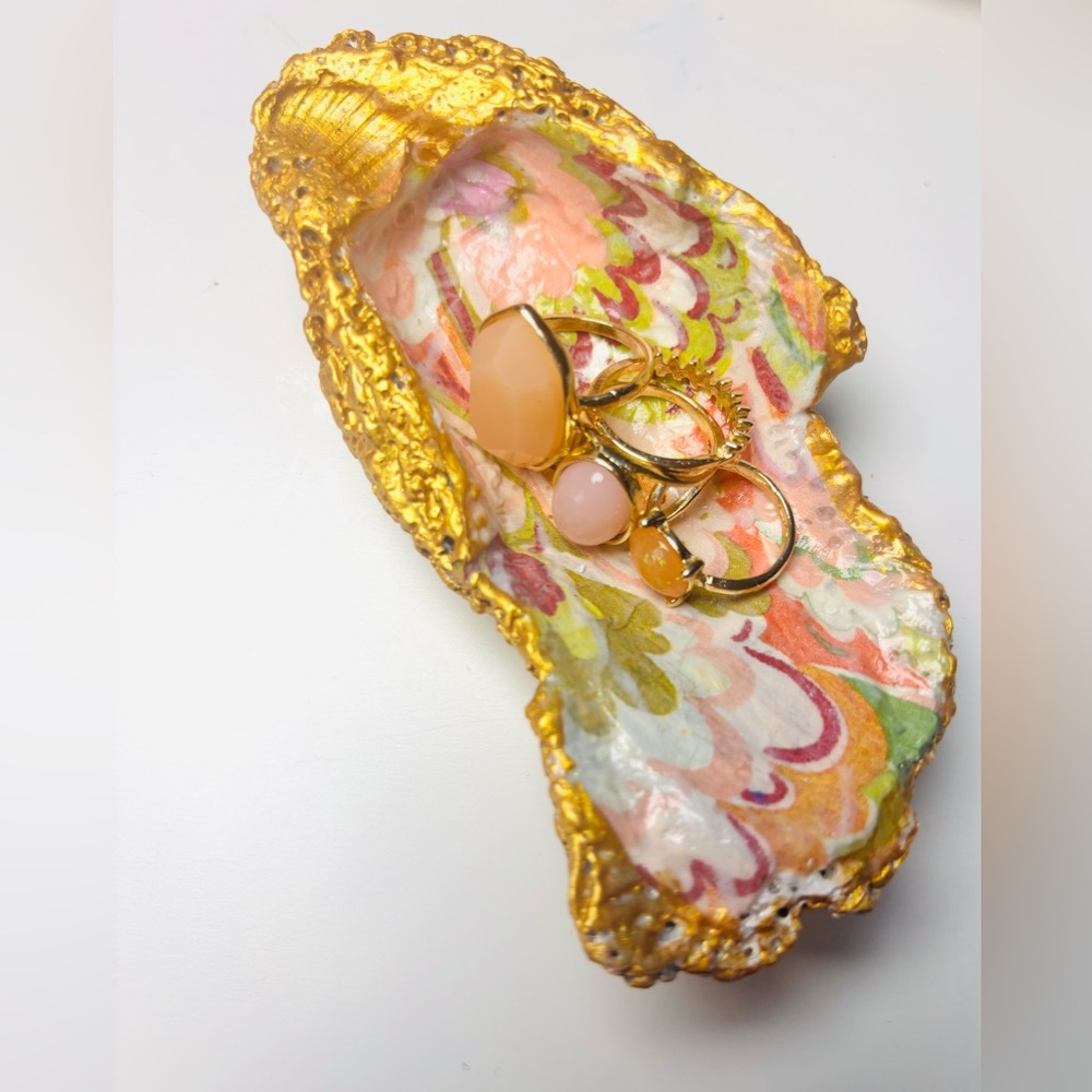 Handcrafted Oyster Shell Trinket Dish With Wavy Multicolor Decoupage Design